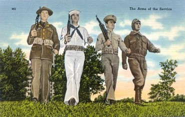 Featured is a late 1930s postcard snapshot of the branches of the US Military.  (Do remember ... we honor men and women of all nations who have proudly served their respective countries.)  The original unused postcard is for sale in The unltd.com Store.